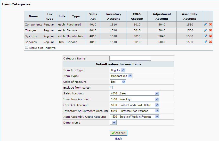 web accounting, item categories web accounting, item categories